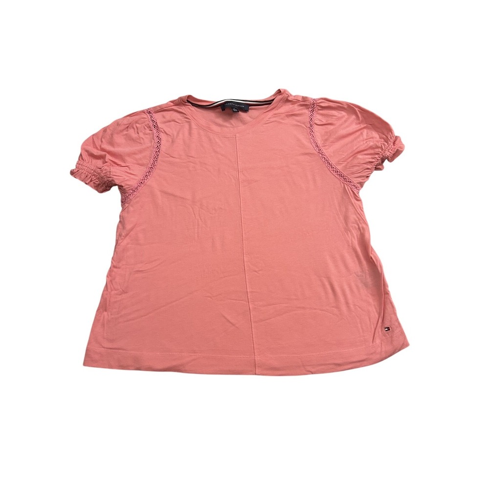 Tommy Hilfiger Puff Sleeve Top Womens XL Pink Excellent Crochet Lace Trim